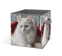 HETVBNS Cute White Cat Storage Bins 10.6 Inch, Oxford Fabric Foldable Storage Cube Organizer Basket with Handles, Fabric Bins for Closet Shelves, Toys, Clothes, Books, Bedroom