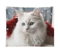 HETVBNS Cute White Cat Tapestry Wall Hanging - 50"x60" Aesthetic Tapestries Soft Polyester Wall Art Decor Large Tapestry for Bedroom Living Room Dorm Backdrop, Hanging Kit Included