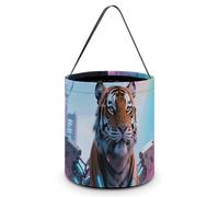 HETVBNS Cyber Hippie Tiger Candy Bag Halloween Trick Or Treat Bucket 7.9x8.3in, Reusable Gift Bags for Party Holiday Wedding