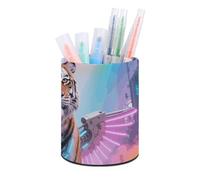 HETVBNS Cyber Hippie Tiger Pen Holder for Desk PU Leather Round Desk Organizer Multifunctional Makeup Brush Storage Aesthetic Desktop Supplies Stylish Pencil Holder for Office & Home