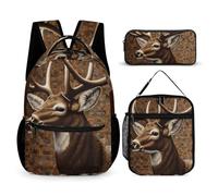 HETVBNS Deer on Brown Background Backpack Set 3 Piece, Durable Backpack Insulated Lunch Bag Portable Pencil Case for Men Women