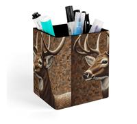 HETVBNS Deer on Brown Background Pen Holder for Desk - PU Leather Square Desk Organizer Travel Makeup Brush Storage Stylish Pencil Holder Desktop Stationery Organizer for Office & Home