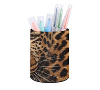 HETVBNS Depict A Leopard Pen Holder for Desk PU Leather Round Desk Organizer Multifunctional Makeup Brush Storage Aesthetic Desktop Supplies Stylish Pencil Holder for Office & Home