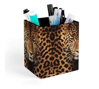 HETVBNS Depict A Leopard Pen Holder for Desk - PU Leather Square Desk Organizer Travel Makeup Brush Storage Stylish Pencil Holder Desktop Stationery Organizer for Office & Home