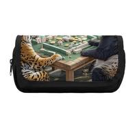 HETVBNS Divine Beasts Playing Mahjong Pencil Case Extra Large, Double Layer Pencil Pouch with Zipper, Portable Cosmetic Bags for Travel, Office Stationery Organizer for Women Men