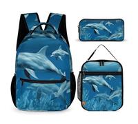 HETVBNS Dolphins Blue Backpack Set 3 Piece, Durable Backpack Insulated Lunch Bag Portable Pencil Case for Men Women