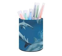 HETVBNS Dolphins Blue Pen Holder for Desk PU Leather Round Desk Organizer Multifunctional Makeup Brush Storage Aesthetic Desktop Supplies Stylish Pencil Holder for Office & Home