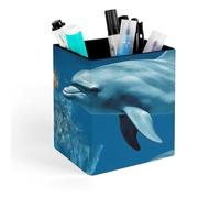 HETVBNS Dolphins Blue Pen Holder for Desk - PU Leather Square Desk Organizer Travel Makeup Brush Storage Stylish Pencil Holder Desktop Stationery Organizer for Office & Home