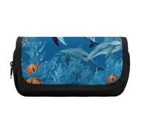 HETVBNS Dolphins Blue Pencil Case Extra Large, Double Layer Pencil Pouch with Zipper, Portable Cosmetic Bags for Travel, Office Stationery Organizer for Women Men