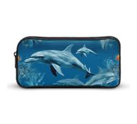HETVBNS Dolphins Blue Pencil Case Large Capacity, Durable Pencil Pouch Portable Small Cosmetic Bag with Metal Zipper, Simple Makeup Pouch Aesthetic Toiletry Bag for Travel Office