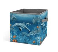 HETVBNS Dolphins Blue Storage Bins 10.6 Inch, Oxford Fabric Foldable Storage Cube Organizer Basket with Handles, Fabric Bins for Closet Shelves, Toys, Clothes, Books, Bedroom