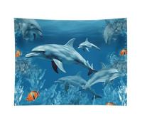 HETVBNS Dolphins Blue Tapestry Wall Hanging - 30"x40" Aesthetic Tapestries Soft Polyester Wall Art Decor Large Tapestry for Bedroom Living Room Dorm Backdrop, Hanging Kit Included