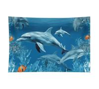 HETVBNS Dolphins Blue Tapestry Wall Hanging - 60"x90" Aesthetic Tapestries Soft Polyester Wall Art Decor Large Tapestry for Bedroom Living Room Dorm Backdrop, Hanging Kit Included