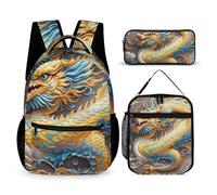 HETVBNS Dragon Art Backpack Set 3 Piece, Durable Backpack Insulated Lunch Bag Portable Pencil Case for Men Women