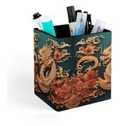 HETVBNS Dragon Chinese Background Pen Holder for Desk - PU Leather Square Desk Organizer Travel Makeup Brush Storage Stylish Pencil Holder Desktop Stationery Organizer for Office & Home