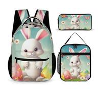HETVBNS Easter Bunny with Eggs Backpack Set 3 Piece, Durable Backpack Insulated Lunch Bag Portable Pencil Case for Men Women