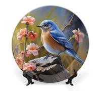 HETVBNS Eastern Bluebird Bone China Decorative Plate Personalized Ceramic Dinner Plates with Display Stand Porcelain Plate Art Wall Decor for Wall Hanging Decoration 6inch