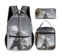 HETVBNS Eiffel Tower Backpack Set 3 Piece, Durable Backpack Insulated Lunch Bag Portable Pencil Case for Men Women
