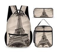 HETVBNS Eiffel Tower Pattern Backpack Set 3 Piece, Durable Backpack Insulated Lunch Bag Portable Pencil Case for Men Women