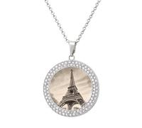 HETVBNS Eiffel Tower Pattern Necklace, Round Pendant Alloy with Diamond, Elegant Pendant Necklace for Women Men, Una talla, Metal, Alloy.