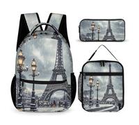HETVBNS Eiffel Tower Winter Rainy Backpack Set 3 Piece, Durable Backpack Insulated Lunch Bag Portable Pencil Case for Men Women