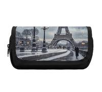 HETVBNS Eiffel Tower Winter Rainy Pencil Case Extra Large, Double Layer Pencil Pouch with Zipper, Portable Cosmetic Bags for Travel, Office Stationery Organizer for Women Men