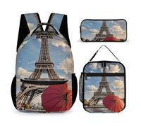 HETVBNS Eiffel Tower with Red Umbrella Backpack Set 3 Piece, Durable Backpack Insulated Lunch Bag Portable Pencil Case for Men Women