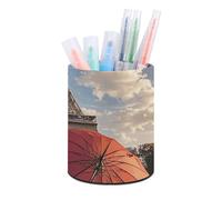 HETVBNS Eiffel Tower with Red Umbrella Pen Holder for Desk PU Leather Round Desk Organizer Multifunctional Makeup Brush Storage Aesthetic Desktop Supplies Stylish Pencil Holder for Office & Home