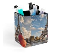 HETVBNS Eiffel Tower with Red Umbrella Pen Holder for Desk - PU Leather Square Desk Organizer Travel Makeup Brush Storage Stylish Pencil Holder Desktop Stationery Organizer for Office & Home