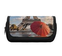 HETVBNS Eiffel Tower with Red Umbrella Pencil Case Extra Large, Double Layer Pencil Pouch with Zipper, Portable Cosmetic Bags for Travel, Office Stationery Organizer for Women Men