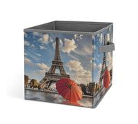 HETVBNS Eiffel Tower with Red Umbrella Storage Bins 10.6 Inch, Oxford Fabric Foldable Storage Cube Organizer Basket with Handles, Fabric Bins for Closet Shelves, Toys, Clothes, Books, Bedroom