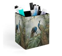 HETVBNS Elegant Colorful Peacock Pen Holder for Desk - PU Leather Square Desk Organizer Travel Makeup Brush Storage Stylish Pencil Holder Desktop Stationery Organizer for Office & Home