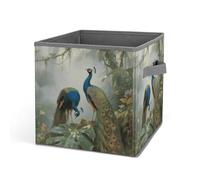 HETVBNS Elegant Colorful Peacock Storage Bins 10.6 Inch, Oxford Fabric Foldable Storage Cube Organizer Basket with Handles, Fabric Bins for Closet Shelves, Toys, Clothes, Books, Bedroom