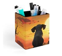 HETVBNS Elephant And Dog Watch The Sunset Pen Holder for Desk - PU Leather Square Desk Organizer Travel Makeup Brush Storage Stylish Pencil Holder Desktop Stationery Organizer for Office & Home