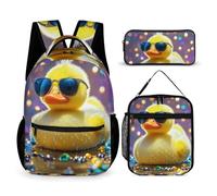 HETVBNS Ellow Ducky With Sunglasses Backpack Set 3 Piece, Durable Backpack Insulated Lunch Bag Portable Pencil Case for Men Women