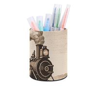 HETVBNS Etching Train Pen Holder for Desk PU Leather Round Desk Organizer Multifunctional Makeup Brush Storage Aesthetic Desktop Supplies Stylish Pencil Holder for Office & Home