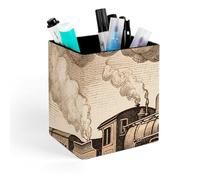 HETVBNS Etching Train Pen Holder for Desk - PU Leather Square Desk Organizer Travel Makeup Brush Storage Stylish Pencil Holder Desktop Stationery Organizer for Office & Home