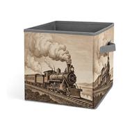 HETVBNS Etching Train Storage Bins 10.6 Inch, Oxford Fabric Foldable Storage Cube Organizer Basket with Handles, Fabric Bins for Closet Shelves, Toys, Clothes, Books, Bedroom