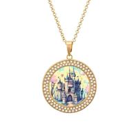 HETVBNS - Fairytale Castle Necklace, Alloy Round Pendant with Diamond, Elegant Pendant Necklace for Women Men, Una talla, Metal, Alloy.