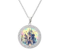 HETVBNS - Fairytale Castle Necklace, Alloy Round Pendant with Diamond, Elegant Pendant Necklace for Women Men, Una talla, Metal, Alloy.