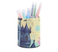 HETVBNS Fairytale Castle Pen Holder for Desk PU Leather Round Desk Organizer Multifunctional Makeup Brush Storage Aesthetic Desktop Supplies Stylish Pencil Holder for Office & Home