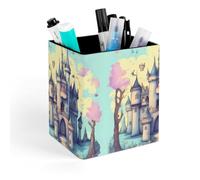HETVBNS Fairytale Castle Pen Holder for Desk - PU Leather Square Desk Organizer Travel Makeup Brush Storage Stylish Pencil Holder Desktop Stationery Organizer for Office & Home