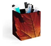HETVBNS Fall Autumn Leaves Pen Holder for Desk - PU Leather Square Desk Organizer Travel Makeup Brush Storage Stylish Pencil Holder Desktop Stationery Organizer for Office & Home