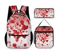 HETVBNS Falling Red Hearts Backpack Set 3 Piece, Durable Backpack Insulated Lunch Bag Portable Pencil Case for Men Women