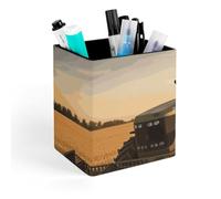 HETVBNS Farm Tractor Harvest Pen Holder for Desk - PU Leather Square Desk Organizer Travel Makeup Brush Storage Stylish Pencil Holder Desktop Stationery Organizer for Office & Home