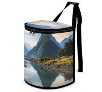 HETVBNS Fiordland National Park Car Trash Can with Lid, Leakproof Hanging Automotive Trash Bin, Waterproof Garbage Storage Bag for Vehicles, RV, Bathroom, Office
