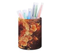 HETVBNS Fire Flowers And Heart Pen Holder for Desk PU Leather Round Desk Organizer Multifunctional Makeup Brush Storage Aesthetic Desktop Supplies Stylish Pencil Holder for Office & Home