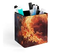 HETVBNS Fire Flowers And Heart Pen Holder for Desk - PU Leather Square Desk Organizer Travel Makeup Brush Storage Stylish Pencil Holder Desktop Stationery Organizer for Office & Home