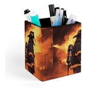 HETVBNS Firefighter Fireman Flame Pen Holder for Desk - PU Leather Square Desk Organizer Travel Makeup Brush Storage Stylish Pencil Holder Desktop Stationery Organizer for Office & Home