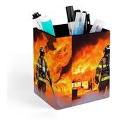 HETVBNS Firefighter Fireman Flame Pen Holder for Desk - PU Leather Square Desk Organizer Travel Makeup Brush Storage Stylish Pencil Holder Desktop Stationery Organizer for Office & Home